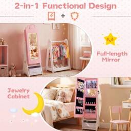 Costway Kids Jewelry Cabinet w/ Lights Jewelry Organizer w/ Full-Length Mirror in Pink - thumbnail 6