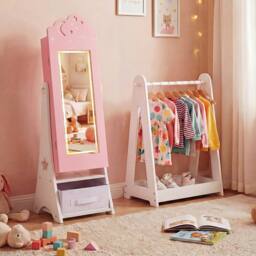 Costway Kids Jewelry Cabinet w/ Lights Jewelry Organizer w/ Full-Length Mirror in Pink - thumbnail 3