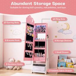 Costway Kids Jewelry Cabinet w/ Lights Jewelry Organizer w/ Full-Length Mirror in Pink - thumbnail 7