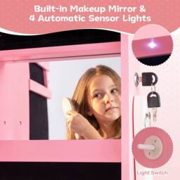 Costway Kids Jewelry Cabinet w/ Lights Jewelry Organizer w/ Full-Length Mirror in Pink - thumbnail 9