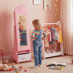 Costway Kids Jewelry Cabinet w/ Lights Jewelry Organizer w/ Full-Length Mirror in Pink - thumbnail 4