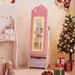 Costway Kids Jewelry Cabinet w/ Lights Jewelry Organizer w/ Full-Length Mirror in Pink - thumbnail 5