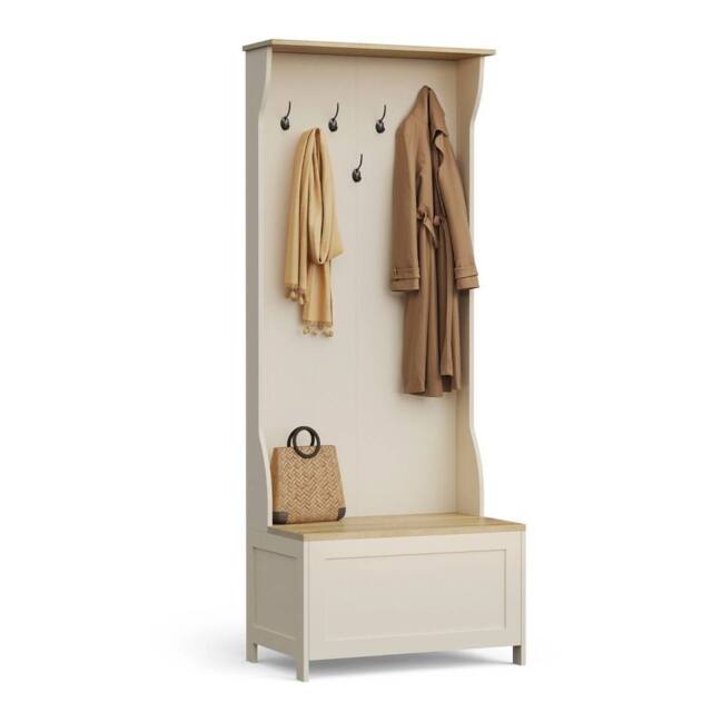NESTLUNE Coat Stand with Shoe Storage, Hallway Unit & Storage Bench in Off-White - Size: 100 cm x 15 cm - image 1