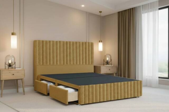"Nexus Mattresses Ltd Verona Plush Divan Bed Base 2 Drawers Foot-End - 12"" Footboard & 54"" Headboard in Mustard - Size: Double" - image 1