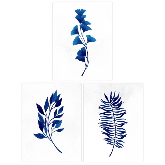 Artery8 Wall Art Print Pack of 3 A4 Simple Elegant Flower Plant Leaf Foliage Cobalt Blue Watercolour Living Room s Set - image 1