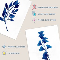 Artery8 Wall Art Print Pack of 3 A4 Simple Elegant Flower Plant Leaf Foliage Cobalt Blue Watercolour Living Room s Set - thumbnail 4