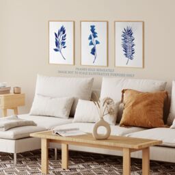 Artery8 Wall Art Print Pack of 3 A4 Simple Elegant Flower Plant Leaf Foliage Cobalt Blue Watercolour Living Room s Set - thumbnail 3