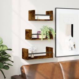 Berkfield Home 3 Piece Wall Shelf Set with Bars Smoked Oak Engineered wood in Brown - thumbnail 2