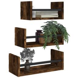 Berkfield Home 3 Piece Wall Shelf Set with Bars Smoked Oak Engineered wood in Brown - thumbnail 3