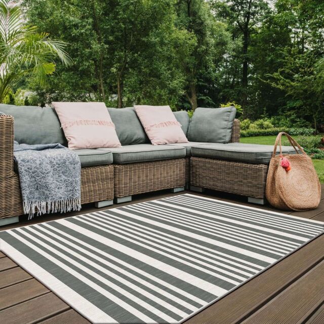 THE RUGS Reversible Outdoor Indoor Rugs in Modern Stripes Duo Weave Collection in Grey - Size: 120 cm x 170 cm