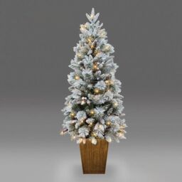 Shatchi Pre Lit Potted Snow Flocked Christmas Tree with Pine Cones & Red Berries Snowy Tips 80-100 Warm White LED Lights - Size: 5ft - thumbnail 2