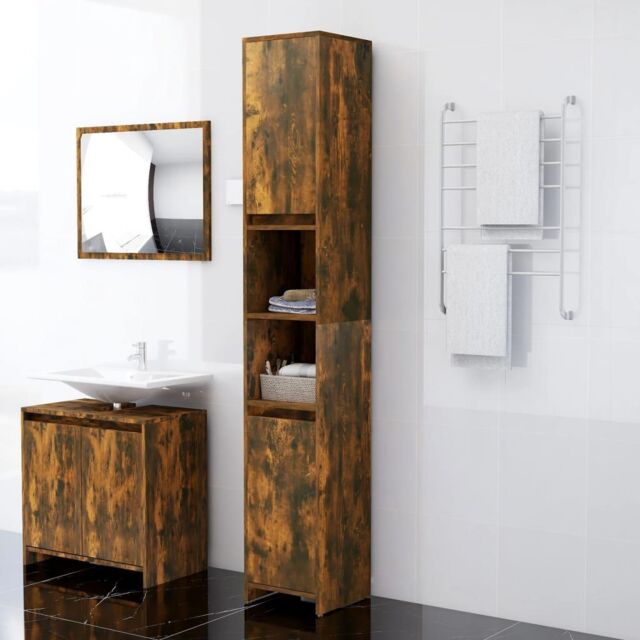 Berkfield Home Bathroom Cabinet Smoked Oak 30x30x183.5 cm Engineered Wood in Brown - image 1
