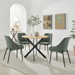 FurnitureboxUK Novara 100cm Oak Veneer Top Dining Table & 4 Green Beaumont Chairs in Brown