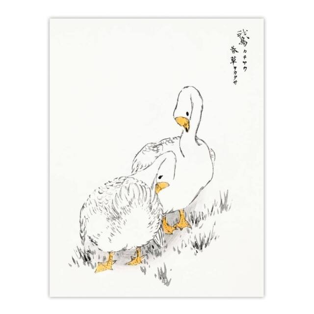 "Artery8 Two White Geese Japanese Vintage Japan Wall Art Print Kashu - Size: W12"" x H16""" - image 1