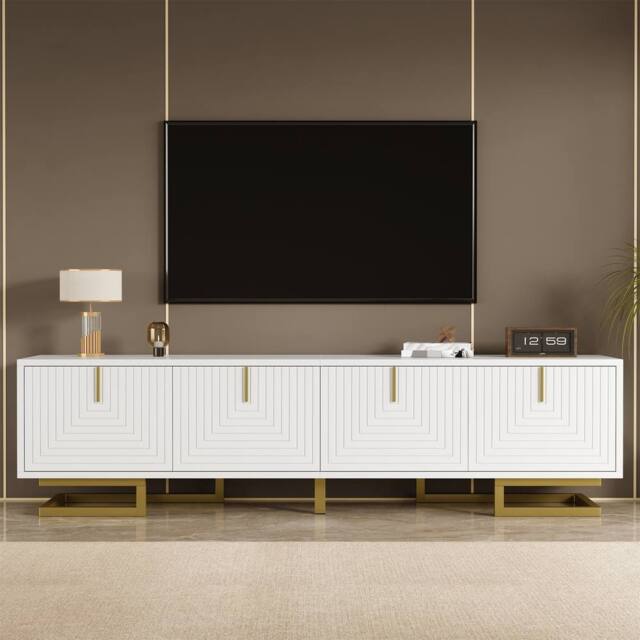 ModernLuxe TV cabinet with textured doors, golden handles & legs in White - image 1