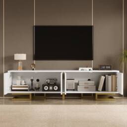 ModernLuxe TV cabinet with textured doors, golden handles & legs in White - thumbnail 6