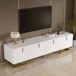 ModernLuxe TV cabinet with textured doors, golden handles & legs in White - thumbnail 8