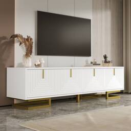 ModernLuxe TV cabinet with textured doors, golden handles & legs in White - thumbnail 9