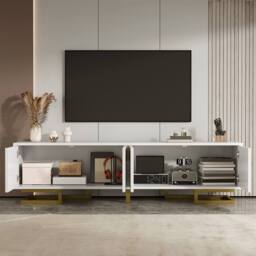 ModernLuxe TV cabinet with textured doors, golden handles & legs in White - thumbnail 4