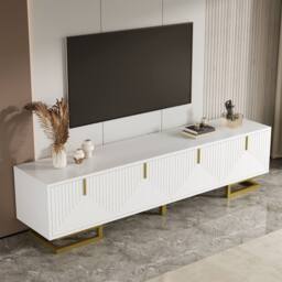 ModernLuxe TV cabinet with textured doors, golden handles & legs in White - thumbnail 2