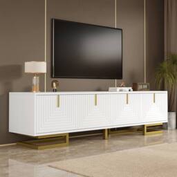 ModernLuxe TV cabinet with textured doors, golden handles & legs in White - thumbnail 7