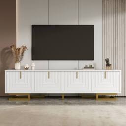 ModernLuxe TV cabinet with textured doors, golden handles & legs in White - thumbnail 5