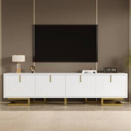 ModernLuxe TV cabinet with textured doors, golden handles & legs in White - thumbnail 1