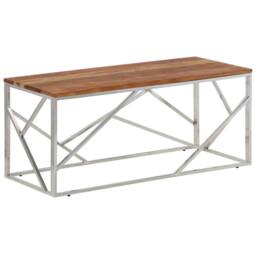 Berkfield Home Coffee Table Silver Stainless Steel & Solid Acacia Wood - thumbnail 1