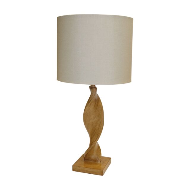 Loops Table Lamp Oak Effect Resin & Natural Linen 10W LED E27 Base & Shade - image 1