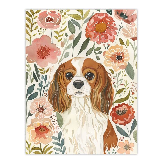 "Artery8 Cute Cavalier King Charles Spaniel in Wildflowers Wall Art Print - Size: W24"" x H32""" - image 1