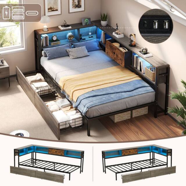 Matteo Single Bed Frame - RGB LED, Charging & Storage - Rustic Brown & Grey - image 1