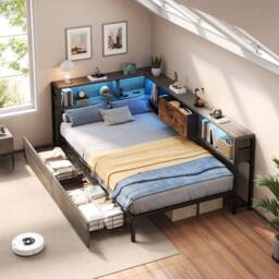 Matteo Single Bed Frame - RGB LED, Charging & Storage - Rustic Brown & Grey - thumbnail 4