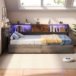 Matteo Single Bed Frame - RGB LED, Charging & Storage - Rustic Brown & Grey - thumbnail 5