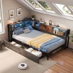 Matteo Single Bed Frame - RGB LED, Charging & Storage - Rustic Brown & Grey - thumbnail 2