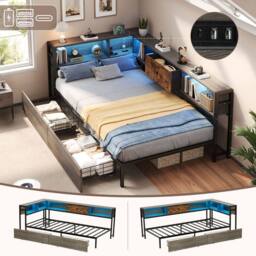 Matteo Single Bed Frame - RGB LED, Charging & Storage - Rustic Brown & Grey - thumbnail 1