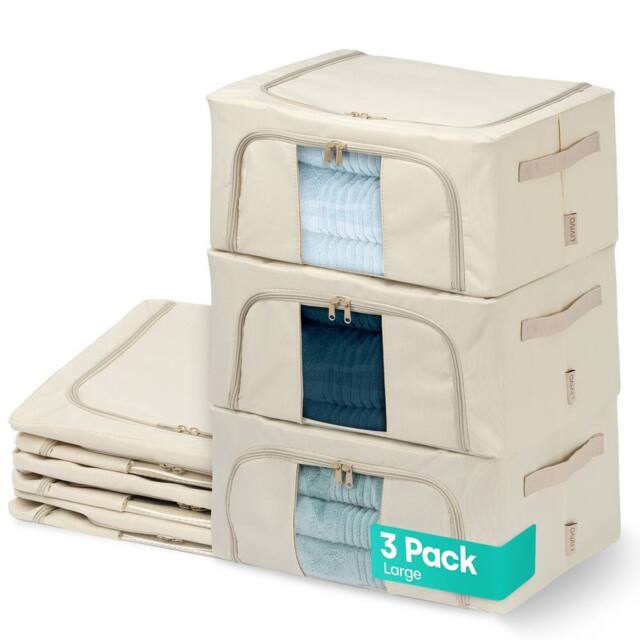 LIVIVO Foldable Storage Bags 3 Pack Large Clear Window Steel Frame in Beige - image 1