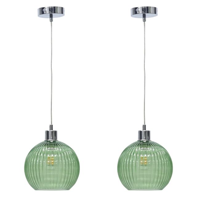 First Choice Lighting Set of 2 Betchley - Green Ribbed Glass Globe with Chrome Pendants - image 1
