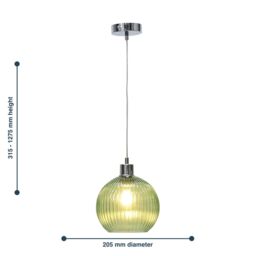 First Choice Lighting Set of 2 Betchley - Green Ribbed Glass Globe with Chrome Pendants - thumbnail 8