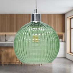 First Choice Lighting Set of 2 Betchley - Green Ribbed Glass Globe with Chrome Pendants - thumbnail 3