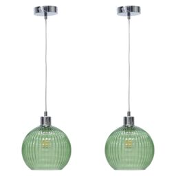 First Choice Lighting Set of 2 Betchley - Green Ribbed Glass Globe with Chrome Pendants
