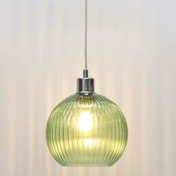 First Choice Lighting Set of 2 Betchley - Green Ribbed Glass Globe with Chrome Pendants - thumbnail 5