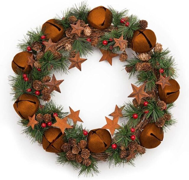 Shatchi 40cm Christmas Wreath with Jingle Bells Stars Pine Cones Berries Leaves for Outdoor in Brown - image 1