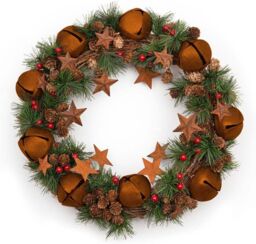 Shatchi 40cm Christmas Wreath with Jingle Bells Stars Pine Cones Berries Leaves for Outdoor in Brown - thumbnail 3