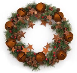 Shatchi 40cm Christmas Wreath with Jingle Bells Stars Pine Cones Berries Leaves for Outdoor in Brown - thumbnail 1