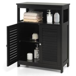 Costway Bathroom Floor Cabinet Wooden Storage Cupboard w/ Adjustable Shelf in Black - thumbnail 4