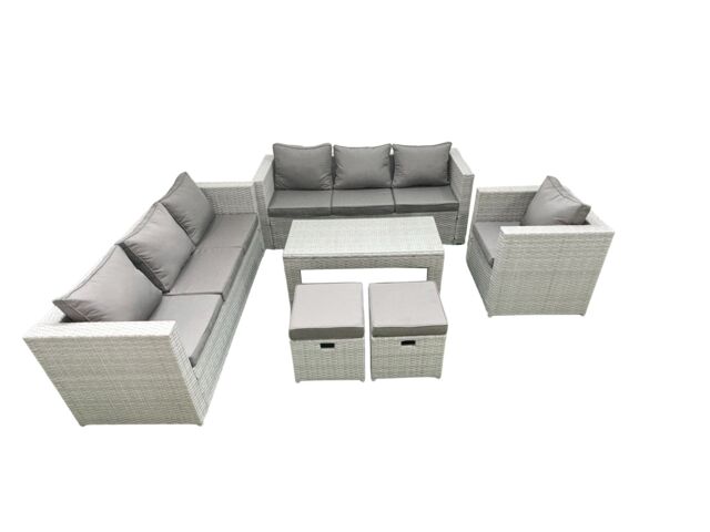 Fimous Wicker PE Rattan Sofa Garden Furniture Set with Oblong Coffee Table Armchair 2 Small Footstools Light Grey Mixed - image 1