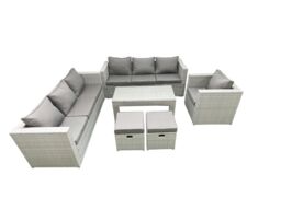 Fimous Wicker PE Rattan Sofa Garden Furniture Set with Oblong Coffee Table Armchair 2 Small Footstools Light Grey Mixed - thumbnail 1