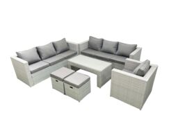Fimous Wicker PE Rattan Sofa Garden Furniture Set with Oblong Coffee Table Armchair 2 Small Footstools Light Grey Mixed - thumbnail 2