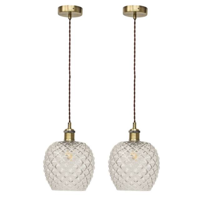First Choice Lighting Set of 2 Baine - Clear Textured Glass Antique Brass Retro Pendants - image 1