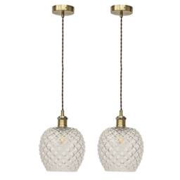 First Choice Lighting Set of 2 Baine - Clear Textured Glass Antique Brass Retro Pendants - thumbnail 1